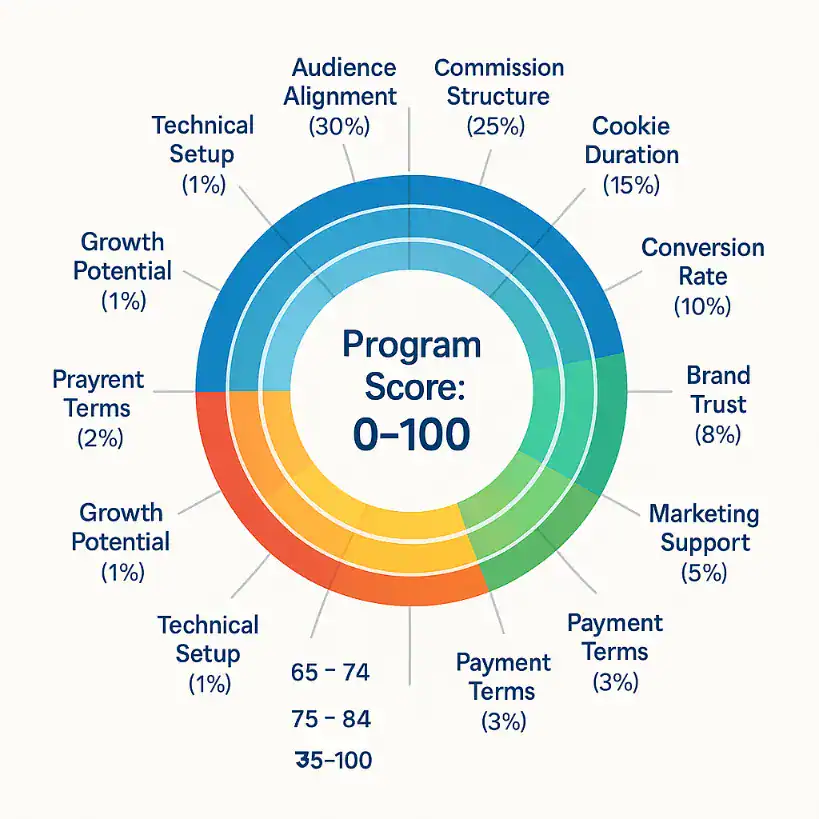 Affiliate program scoring factors: Audience alignment, commission, cookies, conversion, brand trust, support.